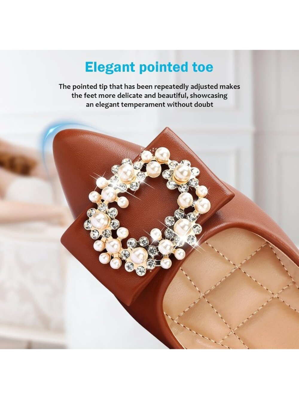 Women's 02-Brown Pointed Toe Pearl Flats Comfort Non Slip Soft Sole Office Shoes - Picture 4 of 6